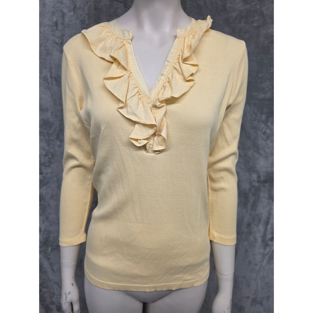Lauren Ralph Lauren Yellow Ruffle V-Neck Ribbed Cotton Knit Top Sz M